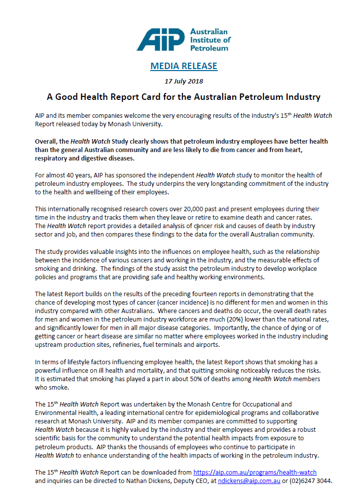 Media Release - Health Watch 15th Report