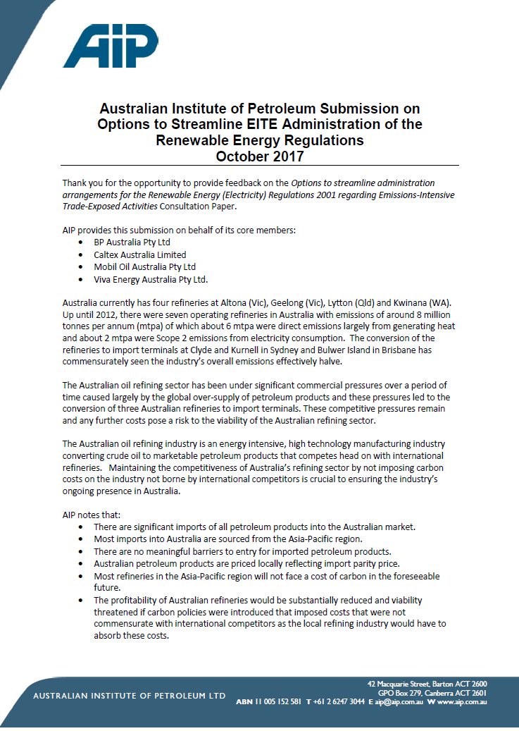 2017 10 AIP Submission to RET EITE Streamline Options Consultation Paper FINAL