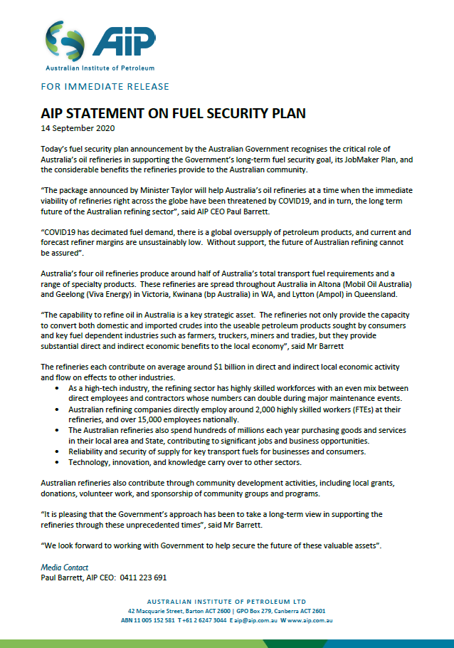 AIP Media Release - Fuel Security Plan